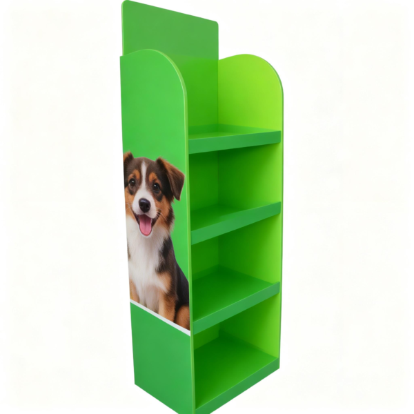 Orange Four-Shelf Pet Products Display packaging illustration