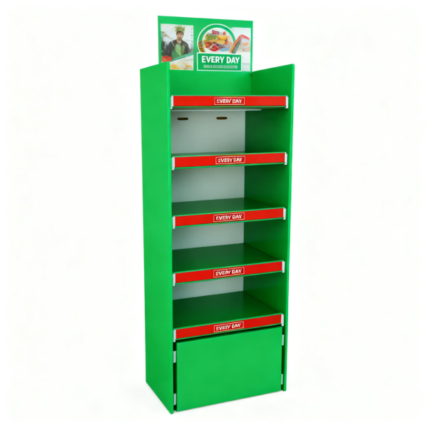 Red Four-Shelf Food Display packaging illustration